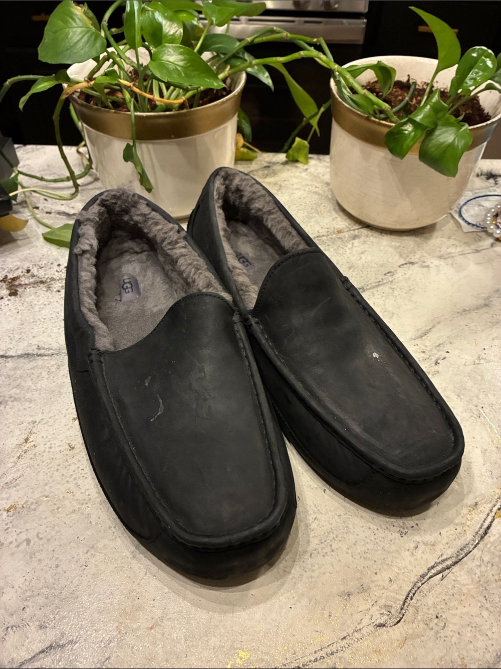 UGG Men’s Black Suede Slip-On Moccasins with Gray Shearling Lining size 18